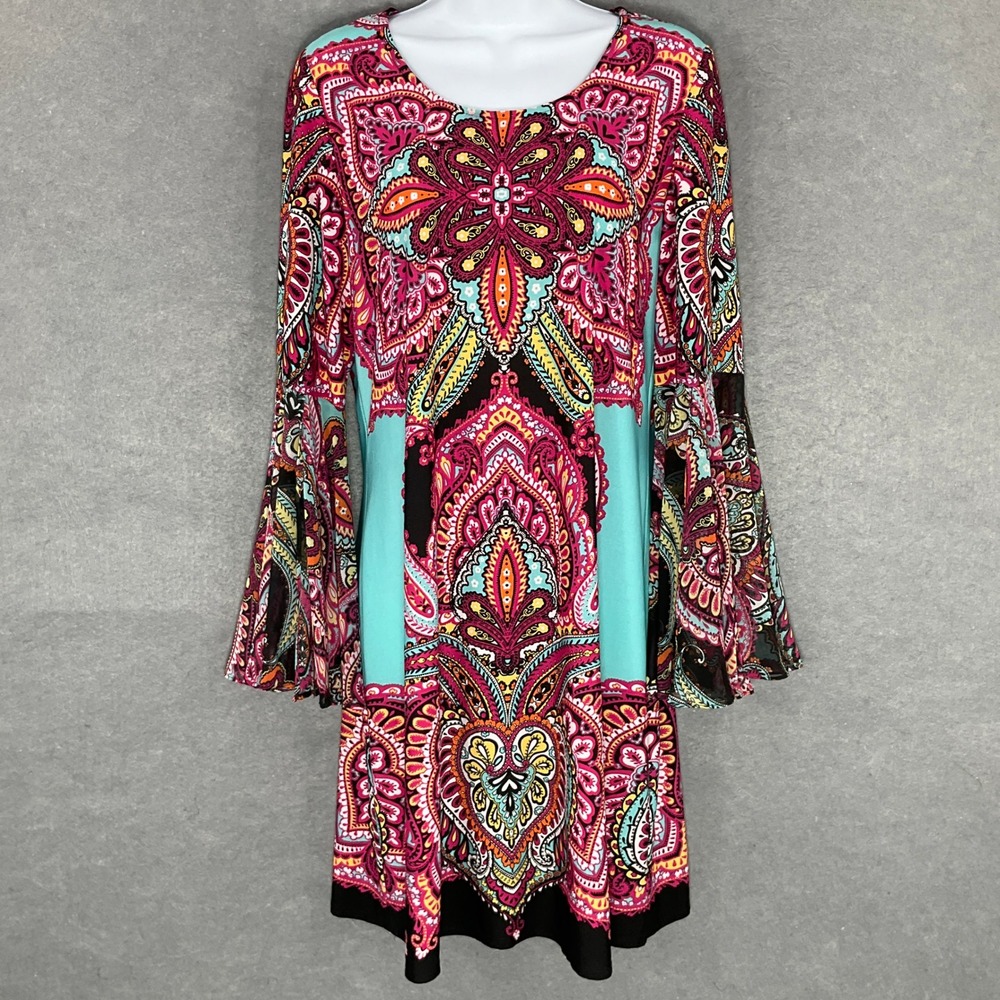 MSK Paisley Print Dress Bell Sleeve Bohemian Colorful Stretch Flowy Size L